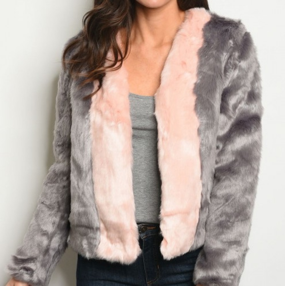 Gray Pink Faux Fur Jacket